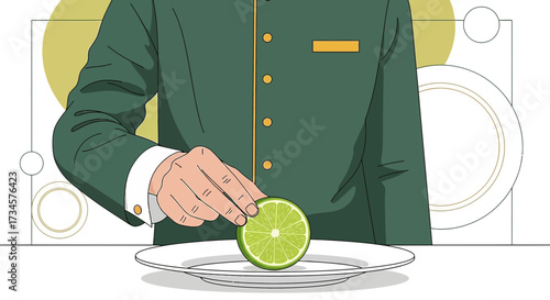 Stylized waiter preparing citrus garnish on plate in elegant presentation setting