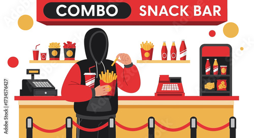 Stylized Illustration of a Snack Bar with an Anonymous Customer Enjoying French Fries at the Counter