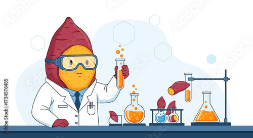Sweet potato scientist character in a laboratory conducting experiments with equipment illustration
