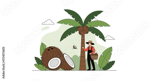 Tropical harvest illustration with a farmer collecting coconuts near a palm tree in a simple style