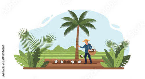 Tropical coconut harvest scene with farmer collecting coconuts in a scenic landscape