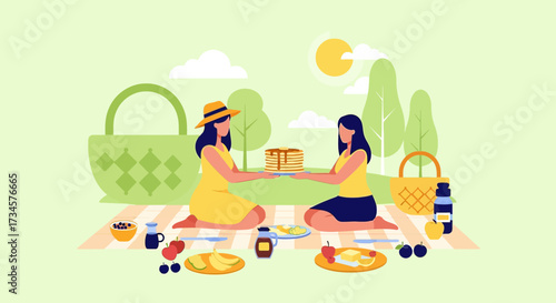 Two young women enjoying a delightful picnic with pancakes and fresh fruit on a sunny day