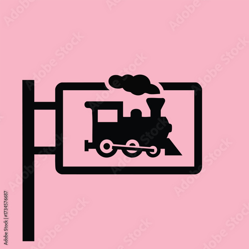 Vintage Steam Locomotive Signboard with Pink and Black Outline