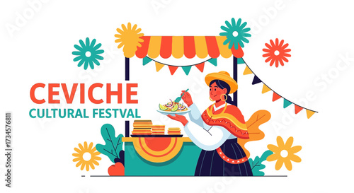 Vibrant illustration of a ceviche cultural festival with traditional peruvian clothing