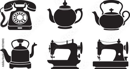 Vintage Home Essentials A Nostalgic Collection of Rotary Phone Teapots and Sewing Machines in Silhouette