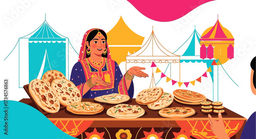 Vibrant illustration of a street food vendor at a festive market showcasing local cuisine