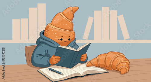Whimsical Illustration of a Croissant Character Reading a Book in a Cozy Setting