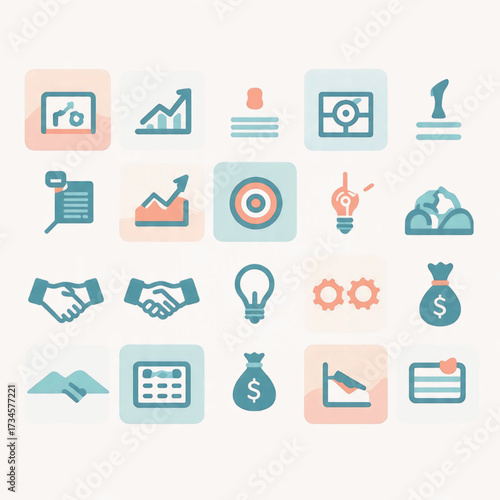 Business Growth and Success Icons Representing Finance, Strategy, and Teamwork Concepts