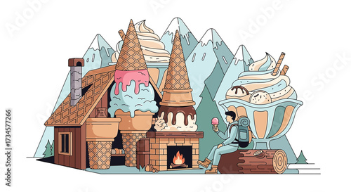Whimsical ice cream land: a traveler's delight in a sugary landscape illustration