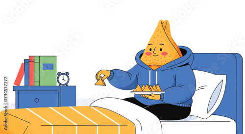 Whimsical illustration of a samosa character relaxing in bed eating snacks with a cheerful