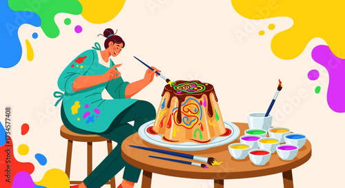 Woman artist painting on cake with vibrant colors and creative design elements creating a