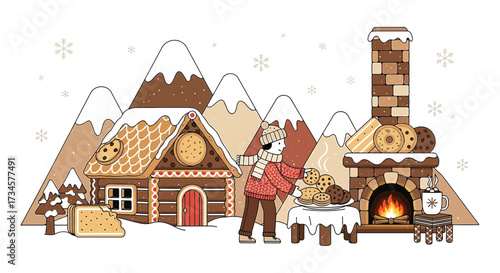 Whimsical winter scene of a gingerbread house nestled in the mountains with cookies galore