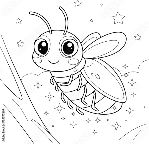 Adorable Cartoon Firefly or Lightning Bug Line Art for Kids Coloring Page with Stars