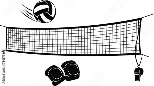 Vector art of volleyball equipment with net and knee pads