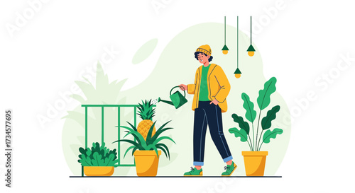 Young man in a yellow jacket waters plants on the balcony in urban gardening concept