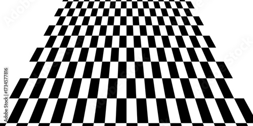 Empty checkerboard in perspective. Tiled mosaic floor. Sloped chessboard plane texture. Inclined board with black and white squares pattern isolated on white background. Vector graphic illustration.