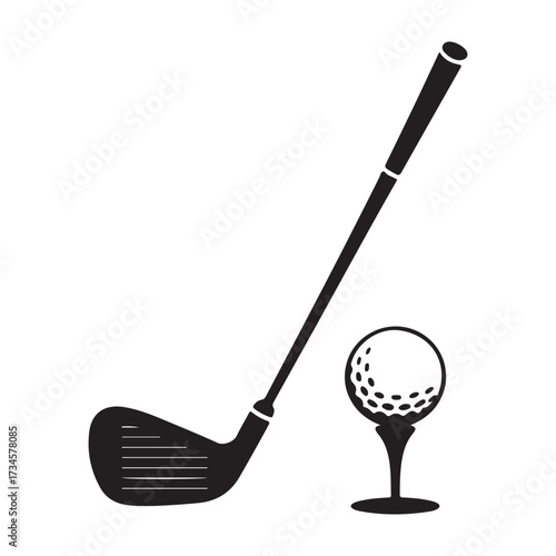 Golf club and ball on tee silhouette minimalist design for sports and recreation themes isolated on white background silhouette vector