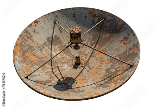 An old rusted satellite dish weathered and abandoned isolated on a white background 
