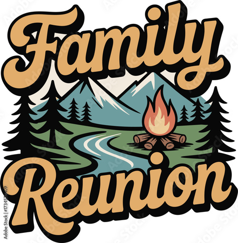Family Reunion Outdoor Adventure with Campfire and Mountain Scenery