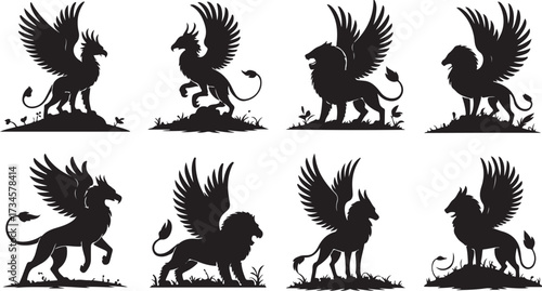 Heraldic Gryphon and Winged Lion Silhouettes Collection Ancient Mythical Creatures in Various Poses and Designs for Decoration and Logos