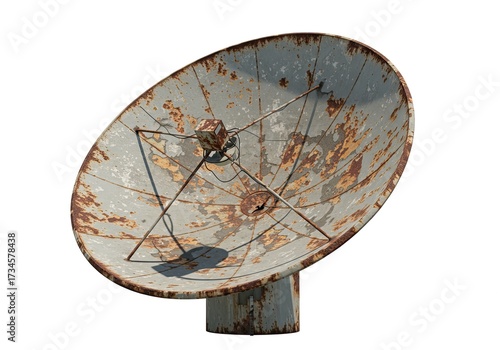 An old rusted satellite dish weathered and abandoned isolated on a white background 