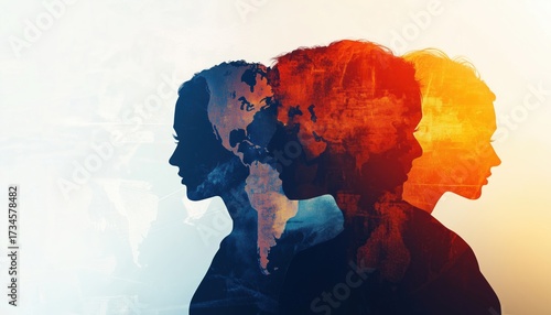 Digital Map Combined With Abstract Silhouettes: Showcasing Teamwork, Global Business, And Media In Stunning Double Exposure Effect.
