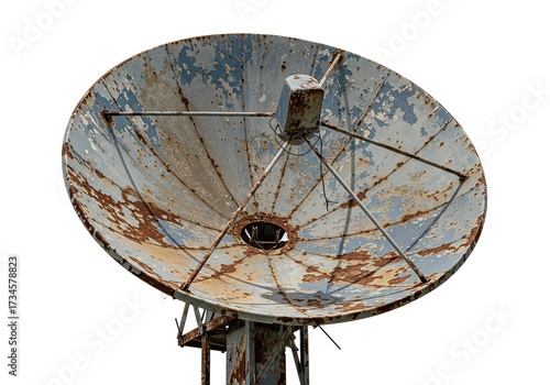 An old rusted satellite dish weathered and abandoned isolated on a white background 