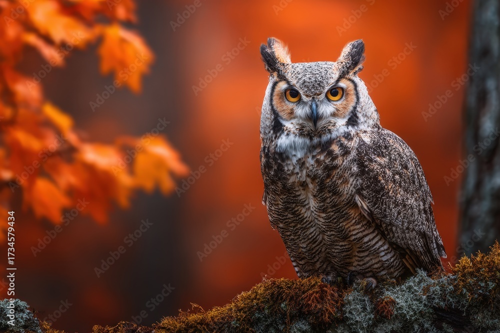 Obraz premium Majestic Owl Perched on Mossy Branch with Vibrant Autumn Background