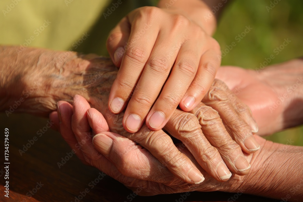 Fototapeta premium Close-up of young and old hands holding care support