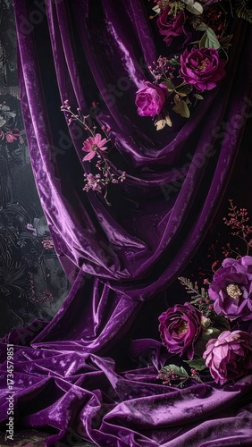 A dark and moody vertical wallpaper of luxurious purple velvet drapery with floral accents, in a gothic romance style.