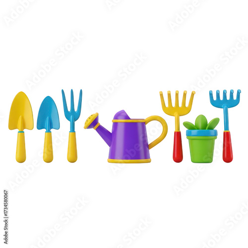 Colorful Garden Tools Set 3D Rendering Isolated on Transparent Background for Gardening, Kids, Landscaping Projects