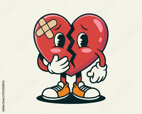 Sad broken heart character with bandages