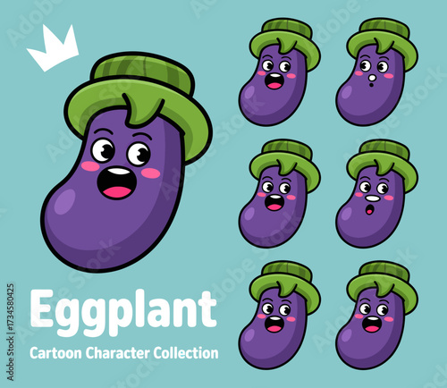 Cartoon eggplant character collection with various expressions.