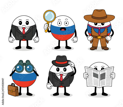 Six cartoon characters, each a round shape with the Russian flag colors, dressed in various outfits.