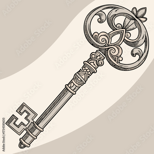 Ornate vintage key with intricate details on a neutral background design