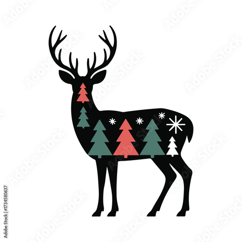 Festive christmas reindeer silhouette with winter forest pattern and snowflakes