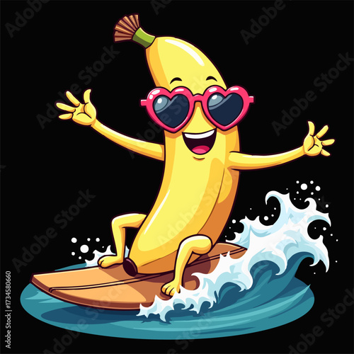 Vector drawing for teenager t-shirt. 
Cute hawaiian banana boy in sunglasses 
on surfboard on sea wave
isolated on black background. Cartoon 
design for fabric, 
paper, clothing, juice packaging.