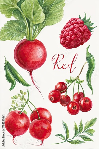 Educational poster featuring vibrant red fruits including radishes, raspberries, and cherries, showcasing their unique shapes and textures in a colorful illustration