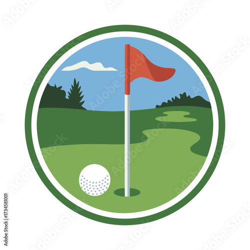 Circular golf course scene with flag ball and green landscape silhouette