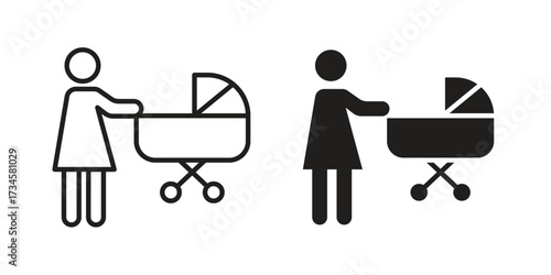Woman with Baby Stroller icons in line stroke outline art and clip art