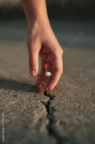 Tender Touch: A close-up perspective of a hand delicately placing a fragile flower into a crack in the solid concrete, a poignant symbol of resilience, hope, and the triumph of life against the odds.