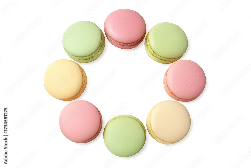 Fototapeta premium Delicious pastel macarons in a circular pattern, isolated on transparent background