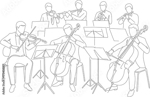 Minimalist Line Art Orchestra Ensemble Performing Classical Music Illustration