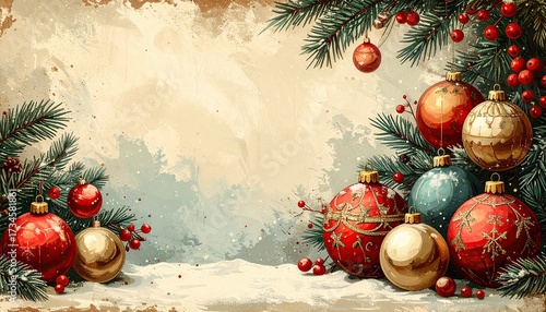 A beautiful vintage Christmas background with a watercolor effect, featuring festive baubles and fir branches.