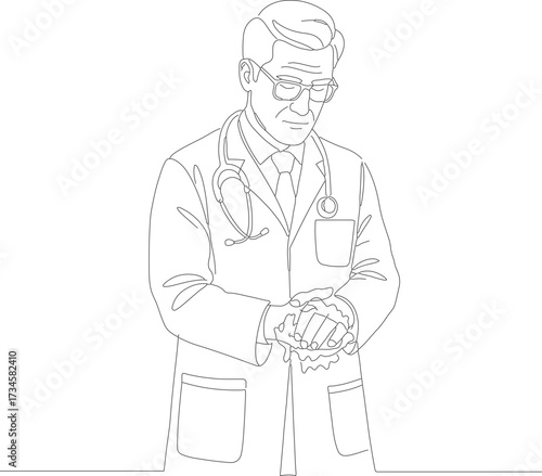 Minimalist Outline Illustration Senior Man Wearing Lab Coat Medical Professional