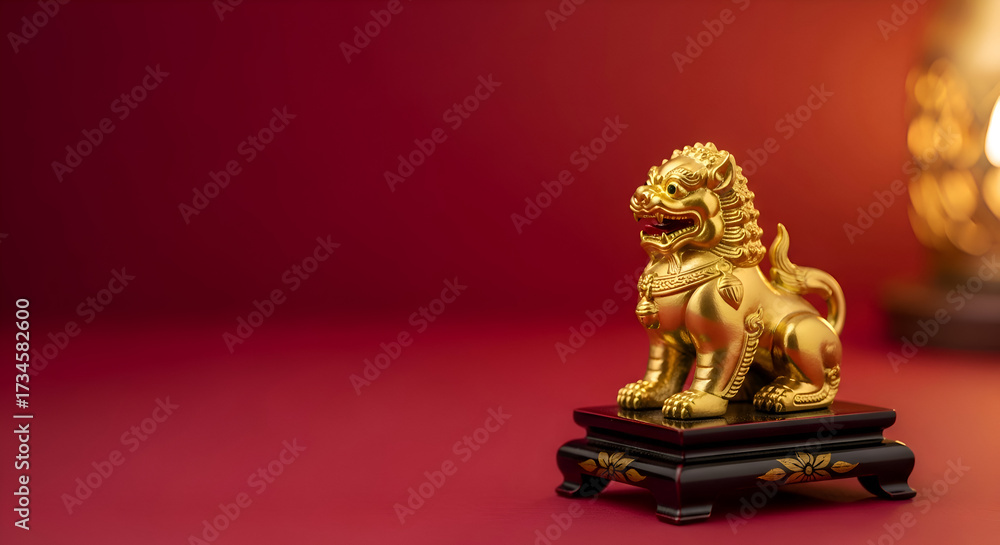 Fototapeta premium Thai Singha Lion Statue on Lacquered Wood with Copy Space