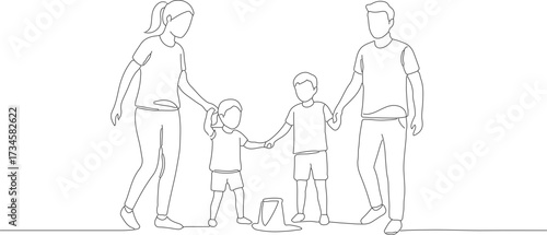 Line Art Happy Family Holding Hands Walk Together Illustration