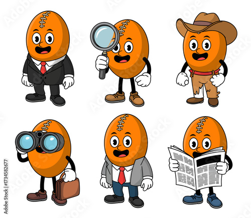 Cartoon football character in various occupations and activities.