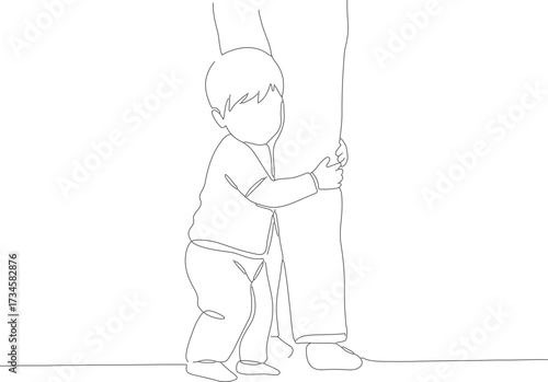 Simple Lineart Drawing Child Holding onto Parent's Leg Illustration