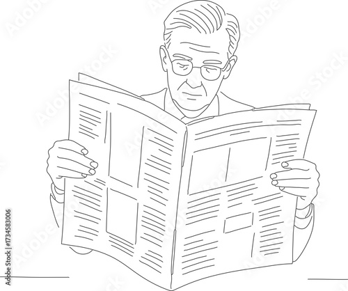 Line Art Senior Man Reading Newspaper Daily Lifestyle Illustration
